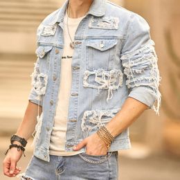 Men Streetwear Patchwork Ripped Slim Denim Jacket Male High quality Stylish Solid Casual Jacket Coat 240110