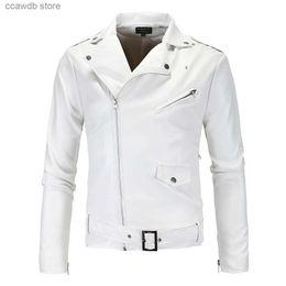 Men's Leather Faux Leather Mens Leather Jackets 2023 New White Black Casual Lapel Slim Fit Diagonal Zipper Motorcycle PU Leather Jacket Coat Mens Clothing T240110