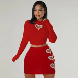 Vestido de duas peças mulheres com nervuras coração magro casual 2 conjunto moda picante menina colheita topo bodycon mini saia streetwear outfits