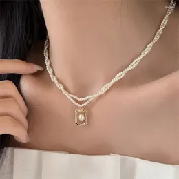 Pendant Necklaces 2024 Fashion Kpop Pearl Choker Necklace Cute Double Layer Square Beaded For Women Jewellery Girl Gift