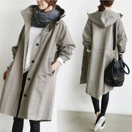 Autumn Trench Coat Women Solid Color Loose Cardigan Large Coat Women Long Sleeve Pocket Single Breasted Turn-down Collar Trench 240109