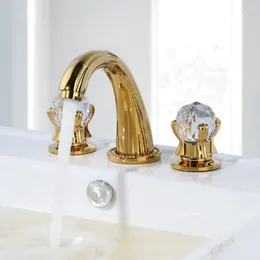 Bathroom Sink Faucets Luxury Gold Finish Faucet With Crystal Knobs 3 Holes Bath Waterfall Basin Mixer Tap-