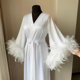 Trench White Boudoir Wedding Floor Length Maxi Dressing Gown Robes Feather Long Robe Stain Silk Lingerie Bride to Be Hen Party Dress