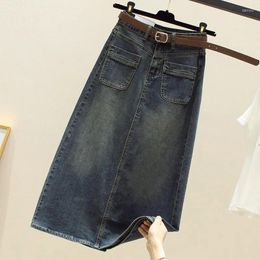 Skirts Vintage Blue Women Denim Skirt Spring Summer High Waist Pockets Split Wrap Hip Ladies Mid Length Jean