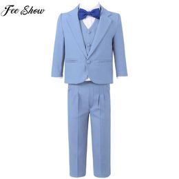 Baby Kids Boy Gentleman Suit 5Pcs Set Blazer Shirt Vest Bow Tie Pants Christening Wedding Birthday Party Stage Formal Clothing 240109