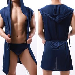 Men's Ice Silk Hooded Sleeveless Sexy Thin Bathrobe Pijama Hombre Comfortable and Breathable Solid Colour Bath Robe Gown 240110