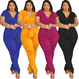 Women's Two Piece Pants 5XL Sexy Women 2 Set Summer Short Sleeve Tie Up Crop Tops Skiny Long Leggings Pleated Matching Sets Outfits Suit 2pc