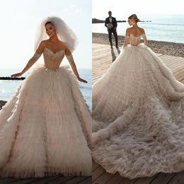 Tiered Skirts Ball Gown Wedding Dresses Princess Sheer Sweetheart Long Sleeve Sequins Beads Backless Bridal Dress Bride Gowns
