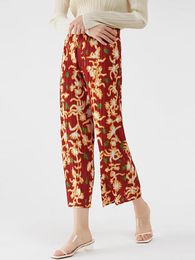 Women's Pants Miyake Pleated Red Printed Straight Fall 2024 Winter Korean Style Outfits Women High Waisted Trousers Aesthetic Clothing