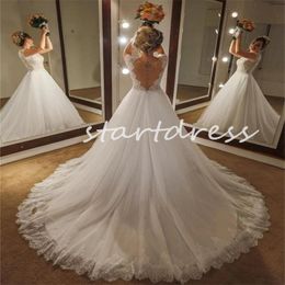 Princess Lace Wedding Dress Elegant V Neck Cap Sleeve Illusion Back Country Rustic Bridal Gowns A Line Tulle Appliques Sweep Train Bride Dress Robe De Mariage Chic