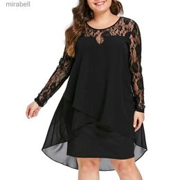 Basic Casual Dresses Plus size Women Size Dress Sheer Lace Patchwork Long Sleeve High Low Hem O-Neck Swing Elegant Party dresses Vestidos YQ240110