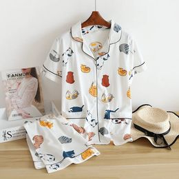 100 cotton shortsleeved shorts ladies Pyjamas set cute cartoon Japanese simple short Pyjama sleepwear 240109