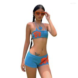 Women's Two Piece Pants Embroidery Women 2 Set Knit Summer Vacation Backless Bandage Strapless Tops Shorts Casual Matching Slim Outfits