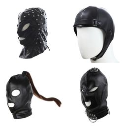 Exotic Accessories of SM Pu Leather Sex Black Head Bondage Hood with Open Eye Mouth for Erotic Couple Flirting Toys Mask Cosplay 240109