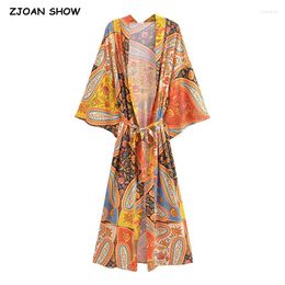 Women's Swimwear 2024 BOHO Contrast Color Flower Print Long Kimono Shirt Ethnic Full Sleeve Tie Bow Sashes Holiday Cardigan Loose Blouse