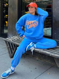 Women Letter Print Fleece 2 Piece Sets Casual O-neck Sweatshirt And Loose Jogging Pants Suit Autumn Winter Fashion Sports Outfit 240110