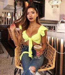 Women's Tanks Summer Sexy Women Short Sleeve Crop Top Bandage Bowknot Front Ladies Vest Casual Plain Shirt Clothing