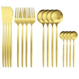 16Pcs Gold Matte Cutlery Set Knife Fork Spoons Dinnerware Set Stainless Steel Tableware Western Flatware Kitchen Silverware Set 240110