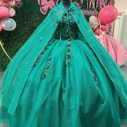 Green Shiny Ball Gown Quinceanera Dress 2024 Tulle Appliques Flowers With Cape Ruffles Sweet 15 16 Years Birthday Party Formal