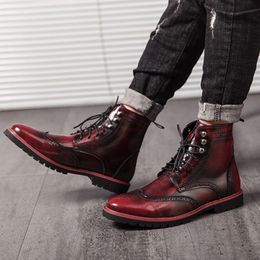 Fashion Hollow Red Men's Ankle Retro High-top Brogue Shoes Non-slip Breathable Leather Men Boots Large Size 38-48