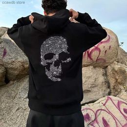 Men's Hoodies Sweatshirts Spring Mens Loose Sweatshirt Hoodies Black Zip Skull Rhinestone Hoody Male Casual Warm Bar Jacket Coats Women Unisex Pullove New T240110