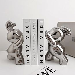 Desk Accessories Ceramic Rabbit Bookend Statues Bookshelf Living Room Decoration Figurines Nordic Cartoons Craft Home Decor Gift 240109