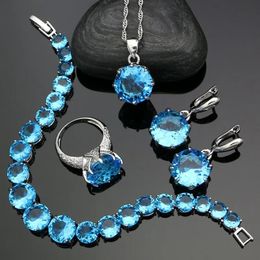 Bracelets Sier Jewellery Sets for Women Sky Blue Stones Cubic Zirconia White Crystal Earrings Pendant Ring Bracelet Necklace Set