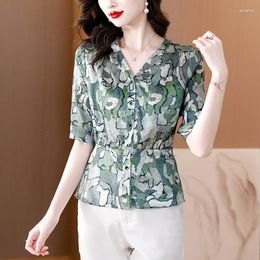 Women's Blouses Chiffon Female Tops 2024 Summer Single-breasted Flower Print Middle-aged Mothers Loose Short Sleeve Shirt Womenswear T678