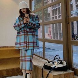 Plaid Tweed Set Casual Blazer Vintage Thicken Suits Jacket High Waist Split Skirt Tops Two Pieces Sets Women Outfits Office Wear 240109