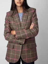 Women's Wool Blazer Plaid Back Slit Single Button Simple Long Sleeve Suit Coat 240104