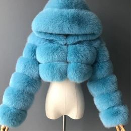 Fashion Hooded Winter Faux Fur Coat Women High Quality Warm Blue Furry Overcoat Woman Elegant Plush Cropped Jacket Ladies 240109