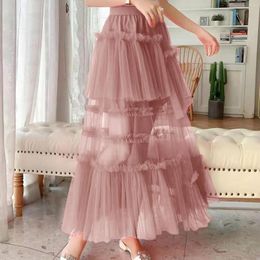 Skirts Vintage High Waist Pleated Skirt Women Korean Fashion College Style Long Ladies Party Wedding Elegant Solid Mesh