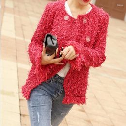 Women's Jackets Spring Red Fringed Tweed - Breasted Jacket Female Coat Can Customised Size