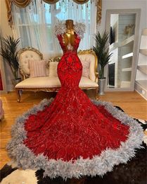 Sequined Red Lace Grey Feather Prom Dresses 2024 for Birthday Party Mermaid Black Girls Evening Gowns Vestidos