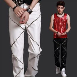 Pants Mens rivets pants stage personality leatharem pant men feet trousers singer dance rock fashion pantalon homme street star style