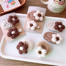 Hair Accessories 2Pcs Korean Autumn Winter Knitting Clips For Girls Cute Flower Hairpin Beige Coffee Barrettes Kids Baby