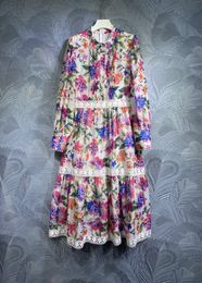 2024 Spring Floral Print Panelled Dress Multicolor Long Sleeve Stand Collar Long Maxi Casual Dresses T3J091516