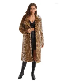 Women's Fur 2024 Leopard Faux Coat Women Long Coats Turn Down Collar Sleeve Autumn Winter High Waist Loose Maxi Elegant Jacket