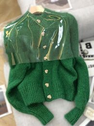 Green Knitted Cardigan Sweaters Autumn Half High Collar Sweet Casual Korean Fashion Winter Casual Jacket 240110