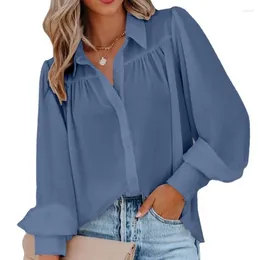 Women's Blouses Women Autumn Button Up Top Lantern Sleeve Pleated Solid Colour Stand Collar Loose Shirt Long Sleeved Clothing