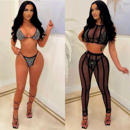 Suits 4 Piece Bikinis Bathing Suit Women Rhinestone Swimwear Mesh Cover Up + Bra + Panties + Fishnet Beach Outfits