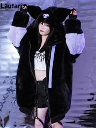 Lautaro Autumn Winter Oversized Color Block Faux Fur Coat Women Harajuku Kawaii Sweet Cute Fluffy Jacket Hoodie with Bunny Ears 240110