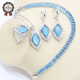 Necklaces Blue Fire Opal Earrings Necklace Pendant Ring Sier Wedding Jewellery Set for Women Light Blue Crystal Bracelet Gift