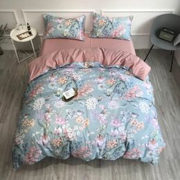 Svetanya Flowers Birds Dragonfly 100% Satin Egyptian Cotton Bedding Set Queen King Size Bedlinens Fitted sheet Duvet Cover Set 240109