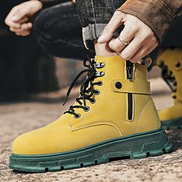 New Fashion Yellow Winter for Men Leather Comfort Zip Men's Casual Ankle Outdoor Non-slip Mens High Work Boots