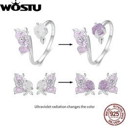 Sets WOSTU 925 Sterling Silver Colour Change Purple Magenta Butterfly Opening Ring Earrings Set for Women Fine Jewellery Party Date Gift