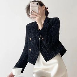 Korean Style Vintage Tweed Suit Outerwear Women Fashion Versatile Elegant Black Jackets Short Coat Spring Autumn Blazers Ladies 240109