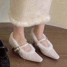 Dress Shoes Fluffy Bling Spring Women Mid Heels Shallow Designer 2024 Brand Elegant Square Toe Walking Female Zapatos