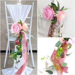 Decorative Flowers Simulation Pink Rose Wedding Chairs Supplies Chair Back Floral Flower Arrangement Party Decoration Festive