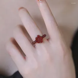 Loose Gemstones Vermilion Plum Blossom Garnet Ring For Women's National Style Retro Fashion Small And Sweet Red Flower Elastic